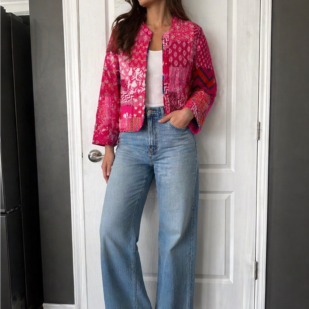 Pink Patchwork Pattern Cropped Blazer